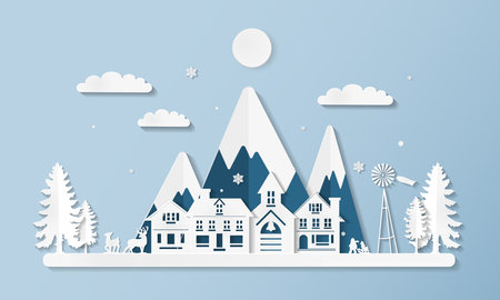 Merry Christmas and Happy New Year greeting card in paper cut style with winter village, deers and snowflakes. Vector illustrationのイラスト素材
