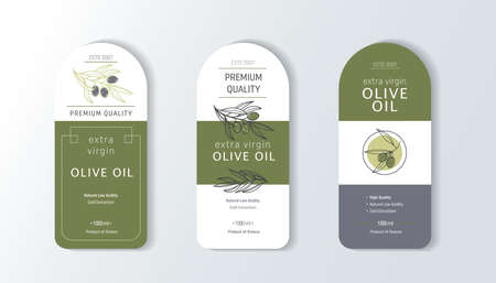 Vector vintage template label with olive branch. Organic plants sketch background. Set vector illustration for olive oil packaging.のイラスト素材