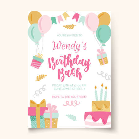 Birthday party. Birthday bash template with lettering cake in childish style for designing own posters and invitation cards. Vector illustrationのイラスト素材