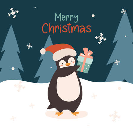 Christmas Cute Little Penguin with Santa Cap and Gift Present. Vector illustration in flat styleのイラスト素材