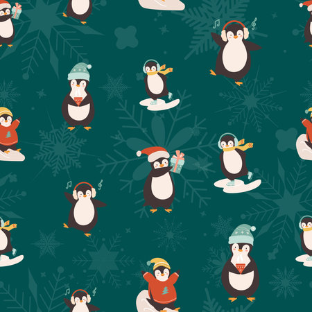 Seamless Pattern with cute Christmas penguins and snowflakes. Vector winter illustration in flat styleのイラスト素材