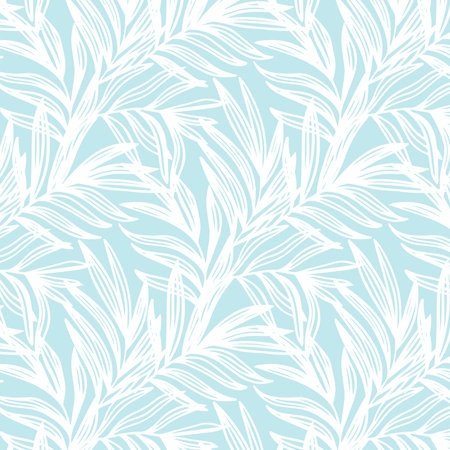 Tropical seamless pattern print with white palm leaves on blue background. Illustration for Surface, Invitation, Notebook, Banner, Wrap Paper, Textile, Cover, Magazine, Postcard, Fabricのイラスト素材