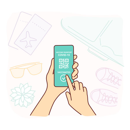 Travel with health passport from covid 19. Hands with phone with qr-code on green screen and vaccinated tic. Safe travel concept. Vector illustrationのイラスト素材