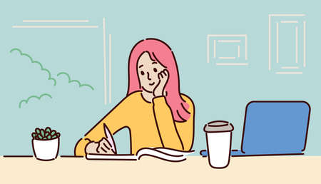 Young woman sits at her desk at home, holds pen and looks at laptop. Concept of online learning, the concept of remote work. Vector illustrationのイラスト素材