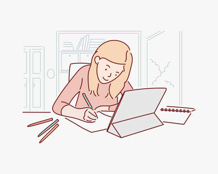 Preteen schoolgirl doing her homework with digital tablet at home. Child using gadgets to study. Education and distance learning for kids. Homeschooling during quarantine. Stay at home entertainmentのイラスト素材