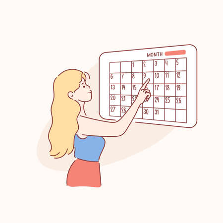 Examination, pregnancy, checkup concept. Side view of young worried woman girl cartoon character checking looking at calendar for pregnant terms or menstruation periods. Hand drawn vector illustrationのイラスト素材