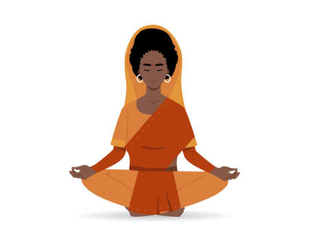 Indian priestess is sitting and doing meditation. Indian woman in lotus posture. Vector illustration in a flat styleのイラスト素材