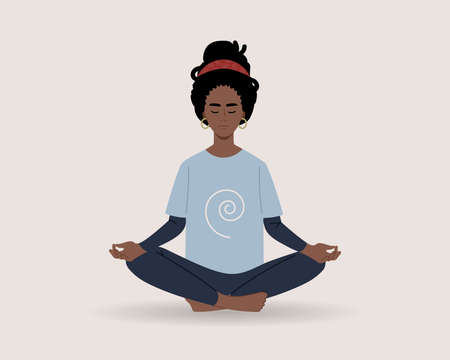 African American woman meditating in lotus position. Girl doing yoga. Vector illustration in flat styleのイラスト素材