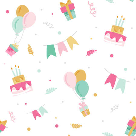 Seamless pattern with Happy Birthdays cakes, balloons, confetti, spirals, gift boxes. Vector illustration in flat styleのイラスト素材