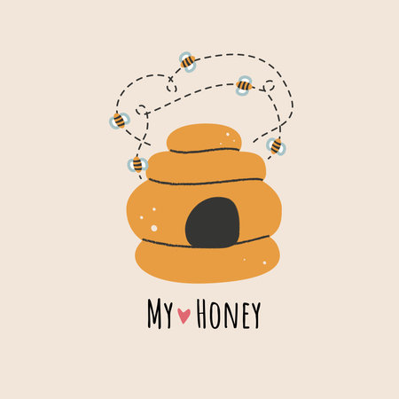 Honey hive with cute flying little bees. Greeting card with My honey message. Vector illustration in a hand-drawn flat styleのイラスト素材