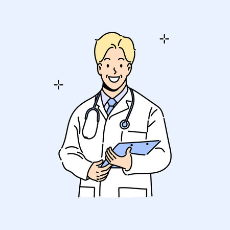 Friendly Male Doctor with stethoscope and medical history. Hand drawn style vector design illustrations.のイラスト素材