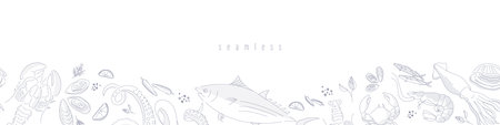 Horizontal Seafood seamless border on white background. Hand drawn sea fishes and fish fillet, oysters, mussels, lobster, squid and octopus, crabs, prawns. Healthy food natural set.のイラスト素材