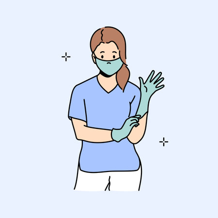 Nurse in protective mask puts on gloves. Hand drawn style vector design illustrationsのイラスト素材