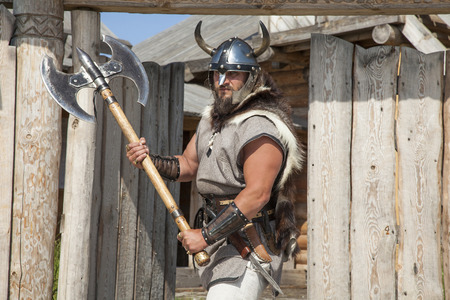 strong real Viking outside his homeの写真素材
