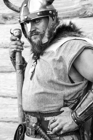 The portrait of the Viking with his ax. black and white photography.の写真素材