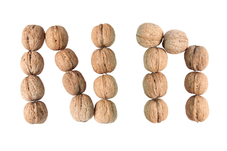 The group of walnuts on white background, making letter N. Studio shotの写真素材
