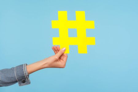 Closeup of yellow hash sign, female hand holding paper hashtag, symbol of social network trends and popular comments, famous blog content, promotion. indoor studio shot isolated on blue backgroundの写真素材