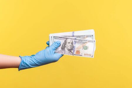 Profile side view closeup of human hand in blue surgical gloves holding and showing fan of american dollar money in hand. indoor, studio shot, isolated on yellow background.の写真素材
