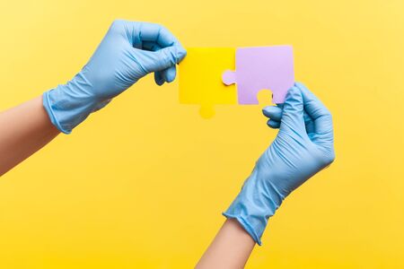 Profile side view closeup of human hand in blue surgical gloves holding yellow and purple puzzle...