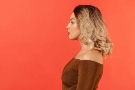 Side view portrait of young attractive woman with blonde hair in brown blouse, she looks to the...