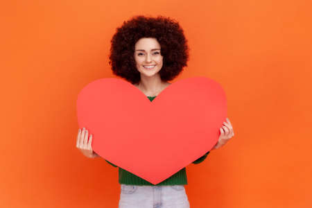 Good looking romantic woman with Afro hairstyle wearing green casual style sweater holding big red...