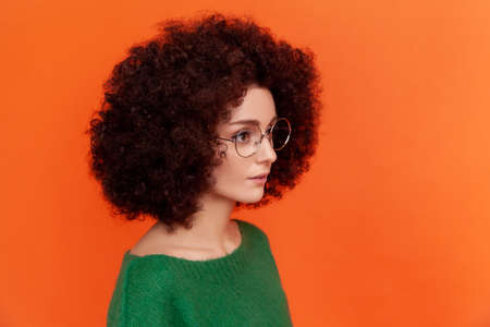 Side view of beautiful woman with Afro hairstyle wearing green casual style sweater and optical...
