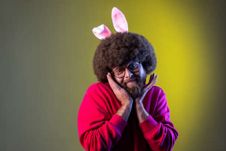 Portrait of cute charming hipster man with Afro hairstyle and bunny ears, looking at camera with smile, wearing red sweatshirt. Indoor studio shot isolated on colorful neon light background.の写真素材