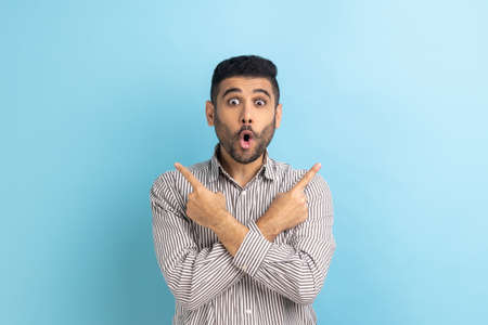 Shocked bearded businessman pointing both sides, showing blank copy space for idea presentation, commercial text keeps mouth open, wearing striped shirt. Indoor studio shot isolated on blue backgroundの写真素材