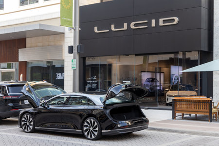 Plano Legacy West, Texas, USA - June 26, 2023: Lucid Air luxury electric sedan, all-electric...