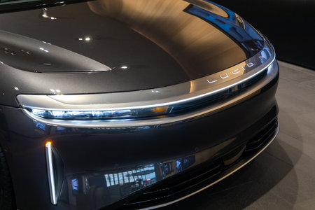 Plano Legacy West, Texas, USA - June 26, 2023: Closeup of Lucid Air car model of LUCID Automotive...