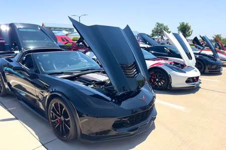 Little Elm, Texas - June 11, 2023: Black Chevrolet Corvette with hood open at local outside car...
