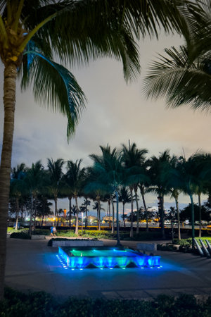 Miami, Florida - August 25th, 2023: Miami Beach south Pointe Park entrance colorful neon lights...
