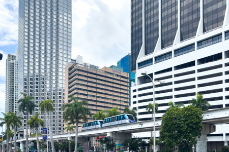 Miami, Florida - August 25th, 2023: Downtown Miamis cityscape, towers and green palms.のeditorial素材