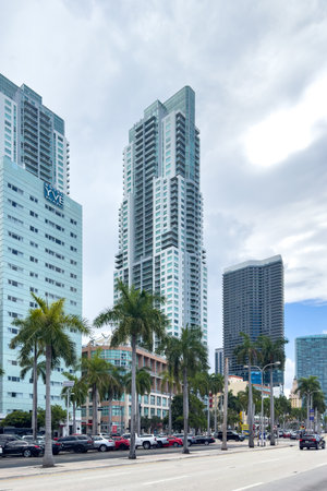 Miami, Florida - August 25th, 2023: Downtown Miamis cityscape, towers and green palms.のeditorial素材