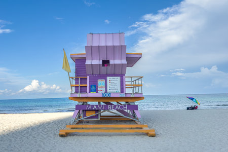 Miami, Florida - August 25th, 2023: Miami beach lifeguard stand in the Florida. South beach. Travel holiday ocean location concept.のeditorial素材