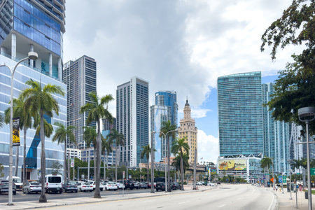 Miami, Florida - August 25th, 2023: Downtown Miamis cityscape, towers and green palms.のeditorial素材