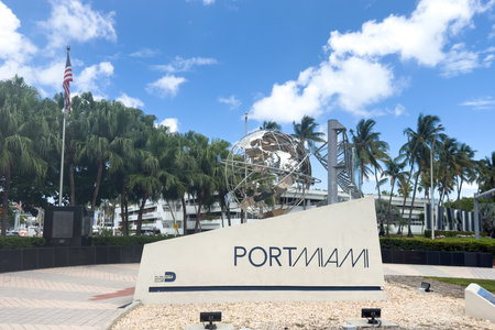 Miami, Florida - August 25th, 2023: Entrance of the Port of Miami, one of the busiest cruise terminals in the world and an important hub of international commerceのeditorial素材