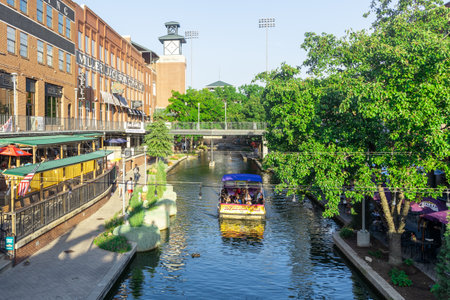 Oklahoma City, USA - October 25th, 2023: View of water taxi on the Bricktown Canal in United States.のeditorial素材