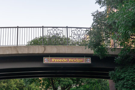 Oklahoma City, USA - October 25th, 2023: Freedy Bridge in Bricktown across canal.のeditorial素材