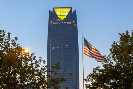 Oklahoma City, USA - October 25th, 2023: View of the Devon Energy Center Devon Tower, a modern glass skyscraper located in downtown Oklahoma Cityのeditorial素材