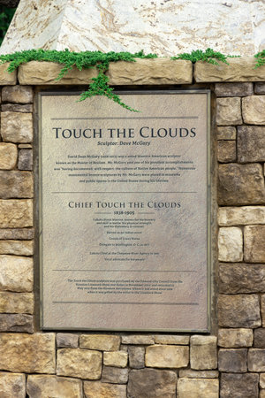 Oklahoma City, USA - October 25th, 2023: Information plaque on Chief Touch the Clouds sculpture, Edmond.のeditorial素材