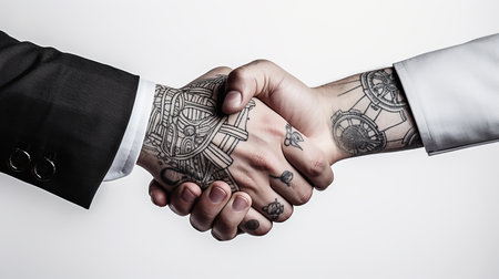 Tattoo Handshake two businessmen signifies successful agreement White Background. Generative AIの素材
