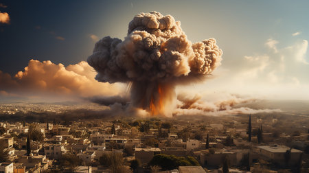 Big explosion is flying over a city in Israel. Burst of Blue Atmosphere. Skyline with exploding building and billowing smokeの素材