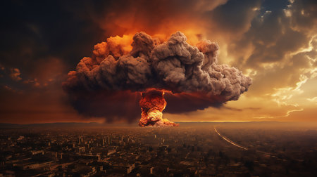 Big explosion is flying over a city in Israel. Burst of Blue Atmosphere. Skyline with exploding building and billowing smokeの素材