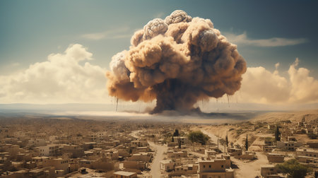 Big explosion is flying over a city in Israel. Burst of Blue Atmosphere. Skyline with exploding building and billowing smokeの素材