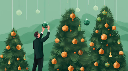 A person hanging ornaments on the christmas tree. Hand of woman holding christmas ornament at homeの素材