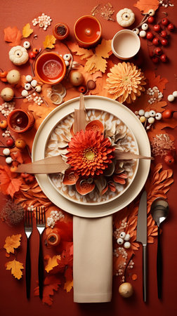 Beautiful table setting in Auntum and Christmas decor in living room with light brown and redの素材