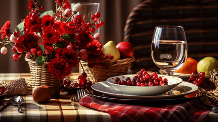 Table setting for thanksgiving holiday with meticulous photorealistic, light brown and red. Festive Dining Table Decor with Candlelight and Fresh, Healthy Cuisine.の素材