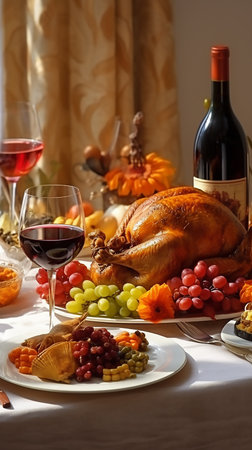 Thanksgiving dinner table with thanksgiving day food and wine, in the style of light red and beigeの素材