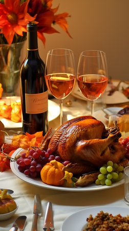 Thanksgiving dinner table with thanksgiving day food and wine, in the style of light red and beigeの素材